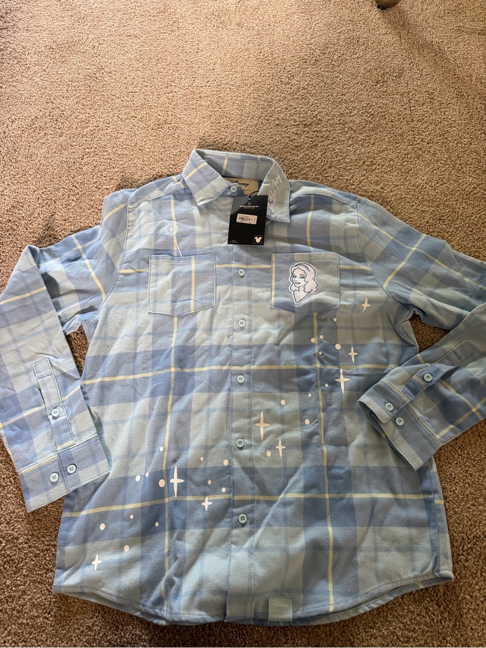 Cakeworthy New Disney Light Blue Plaid Button-Down Shirt with Sparkle Motif